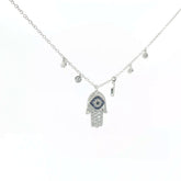 14k White Gold .50ct G VS2 Round Diamond and Round Blue Sapphire Khamsa Evil Eye Diamond Necklace